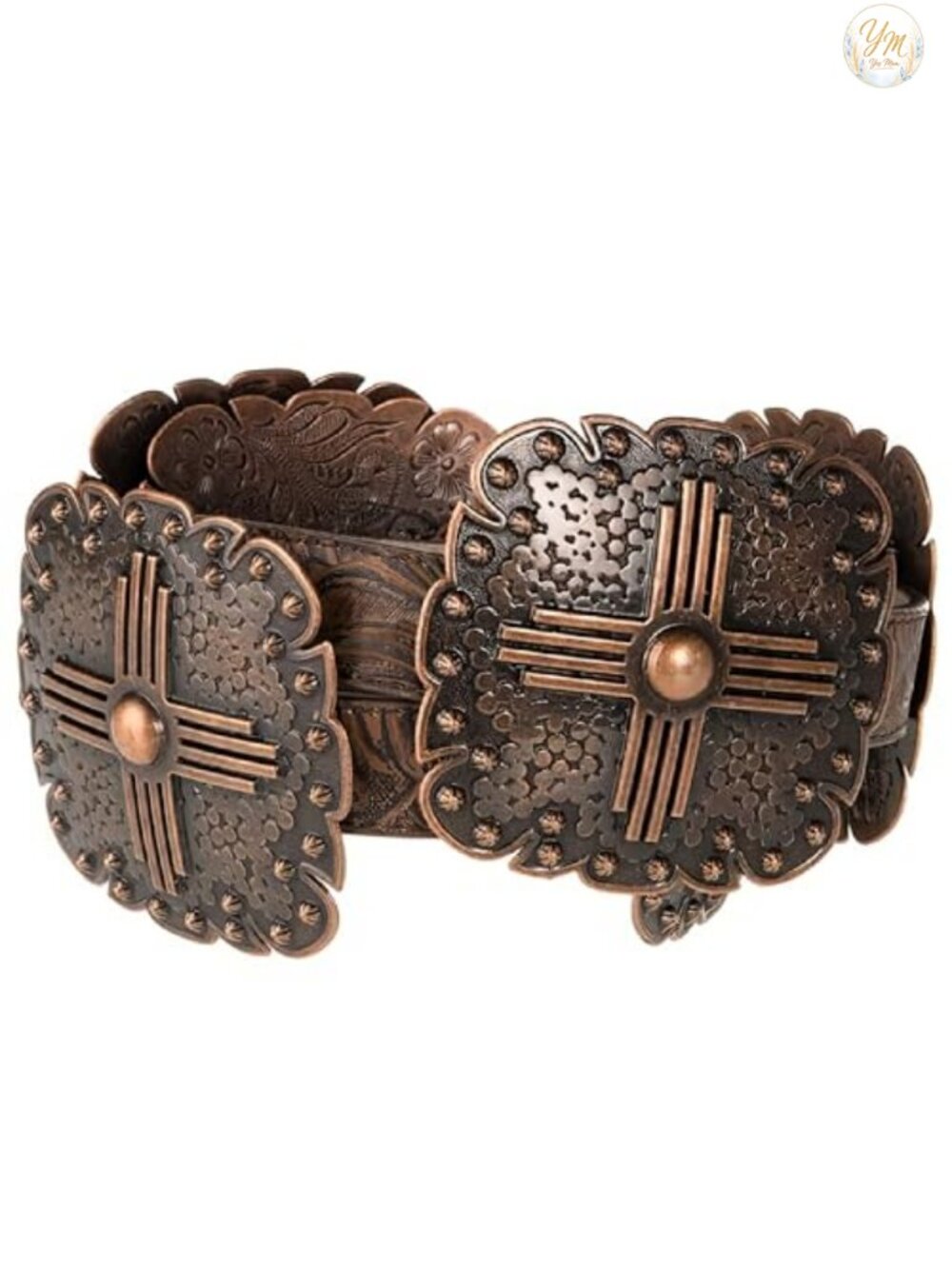 Women's Floral Embossed Leather Belt with Western Square Conchos and Removable